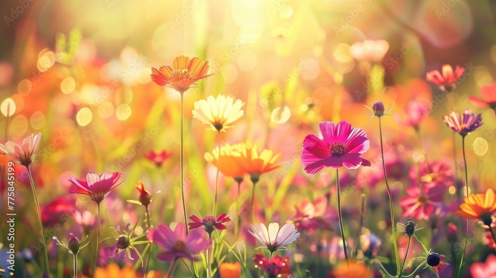 meadow flowers in early sunny fresh morning. Vintage summer landscape background. colorful beautiful fall flowers magical.