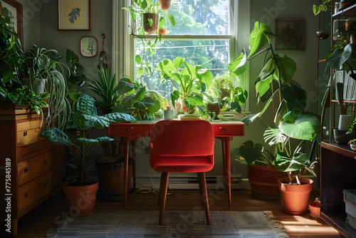 Sunlit Home Workspace with Lush Indoor Plants and Vintage Red Chair