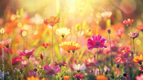 meadow flowers in early sunny fresh morning. Vintage summer landscape background. colorful beautiful fall flowers magical. © Hope