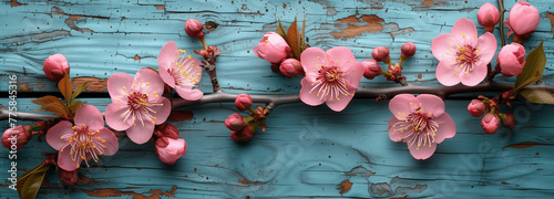Frühlingsanfang: Kirschblüten auf Vintage-Holz: Hintergrund photo