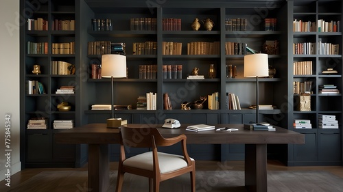 A sophisticated home office with a sleek desk, ergonomic chair, and floor-to-ceiling bookshelves filled with neatly organized books and decor