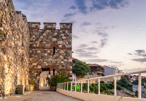 Historical southern walls over the Black Sea bay in Sozopol, Bulgaria, Europe, at sunrise. photo