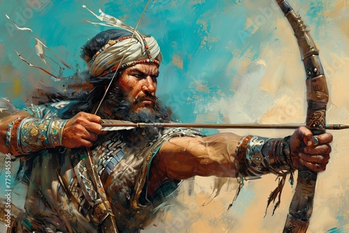 Rugged Ancient Persian nomad warrior. History bearded fighter with head turban. Generate ai