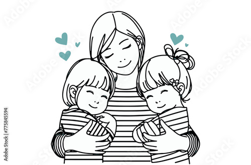 Mother hugs her children. Mom with two kids. Line art