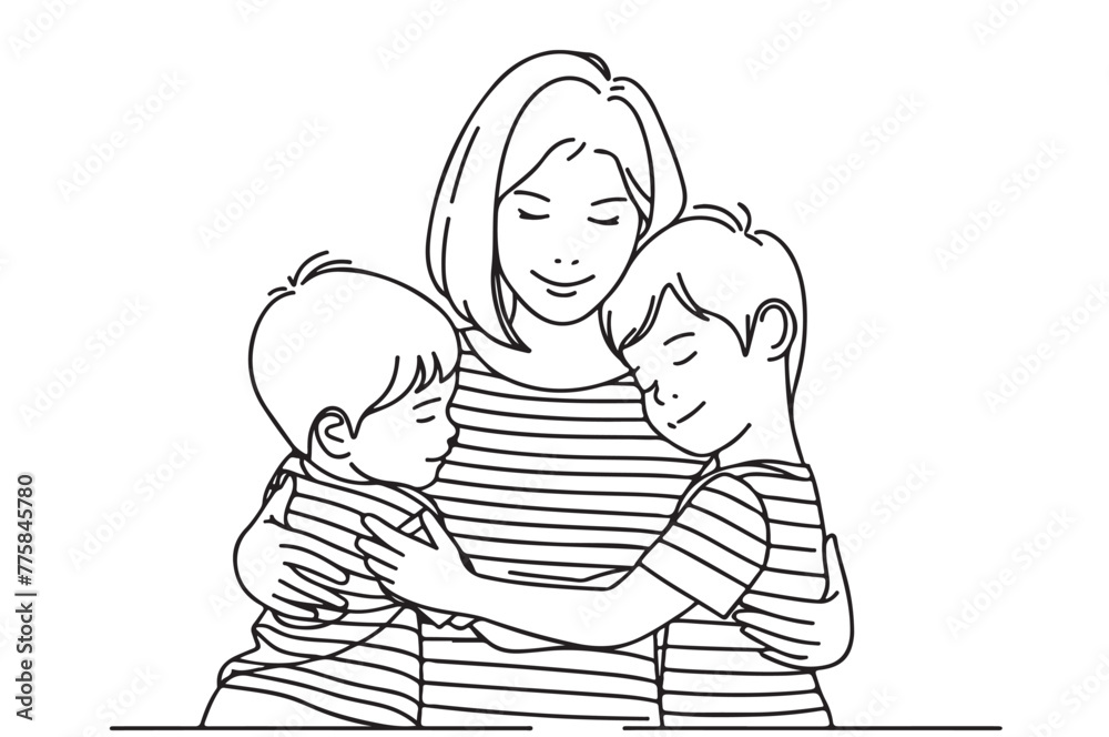 Mother hugs her children. Mom with two kids. Line art Mother hugs her children. Mom with two kids. Line art