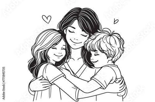 Mother hugs her children. Mother's Day. Line art