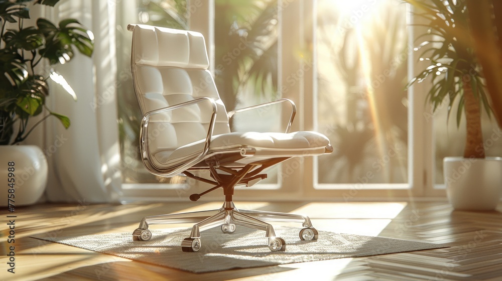 Ergonomic chair awaits in sunlit home office