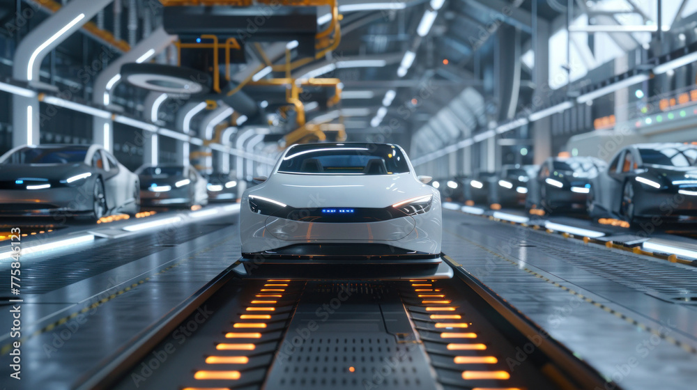 Futuristic electric car factory production line integrating robotics and automation. Futuristic electric car factory production line integrating robotics and automation.