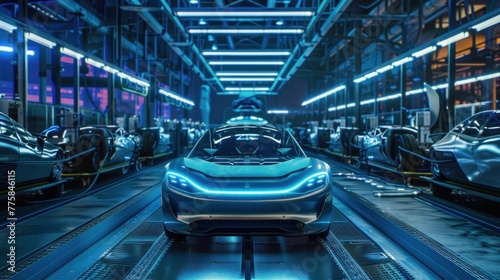Futuristic electric car factory production line, robotics and automation in automotive manufacturing processes. photo