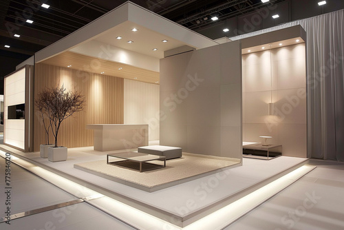 A simple and minimalist exhibition booth. The booth should be clean and uncluttered