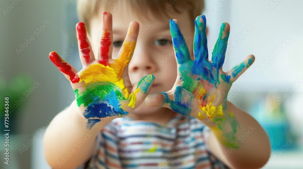 Fototapeta premium Child drawing rainbow. Paint on hands. Remote learning and online school art homework from home. Arts and crafts for kids. Little boy drawing bright picture. Creative kid playing and studying.