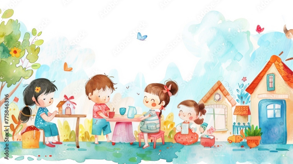 Fototapeta premium Whimsical kids illustration - Watercolor illustration featuring cute cartoon kids engaged in various daily activities, capturing joy and innocence.