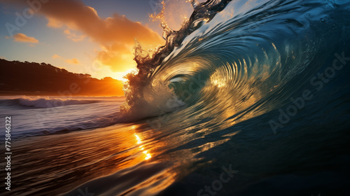 Golden Light Reflecting in Barrel Wave at Sunset