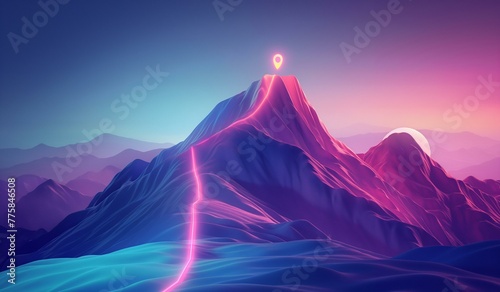 Digital Illustration of Path to Mountain Top with Pin