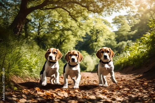 Dogs running in the forest.