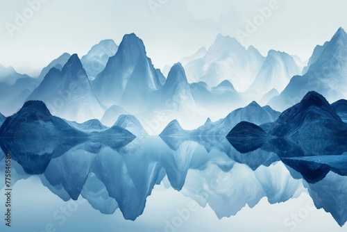 Japanese art Serene Blue Mountains Reflection in Tranquil Water