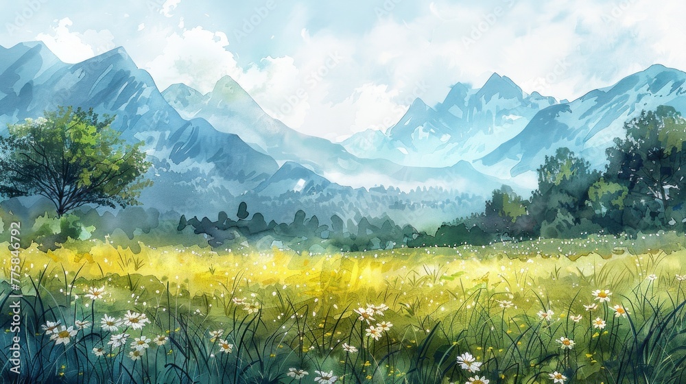 Obraz premium Tranquil watercolor summer landscape with wildflowers and majestic mountains, emphasizing peace.