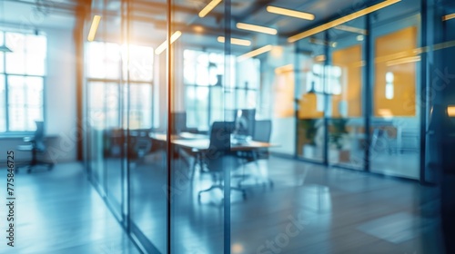 Blurring the Background in a Modern glass Office Interior. Office copy space 