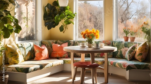 A sunny breakfast nook with a round table bathed in sunlight, surrounded by cushioned benches and vibrant botanical prints 