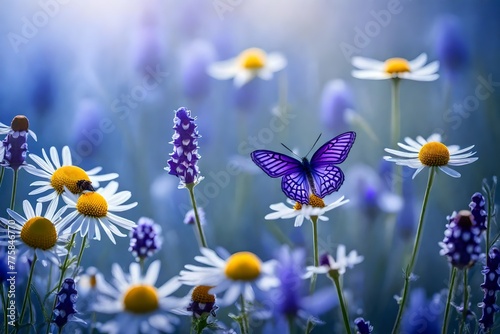 Beautiful blue butterfly on flowers in the field.
