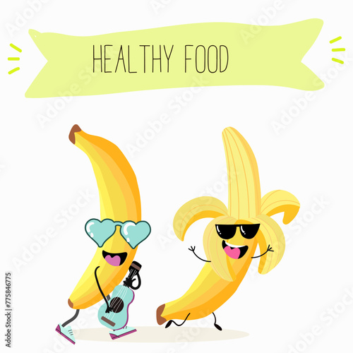 Cute characters bananas, funny fruits, characters with different activities. Flat vector illustration. Organic food, healthy food, illustrations for kids menu, invitations.