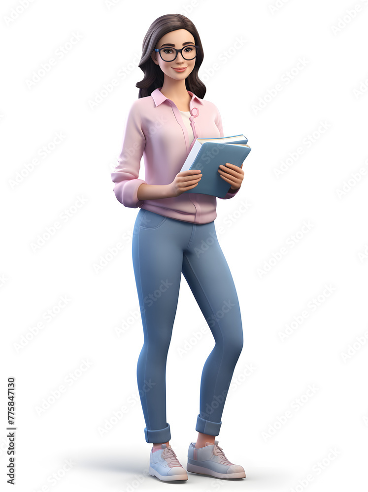 3D cartoon character student girl wearing eyeglasses reading a book. Pastel colored outfit, full body standing pose isolated on white background 3D cartoon character student girl wearing eyeglasses reading a book. Pastel colored outfit, full body standing pose isolated on white background