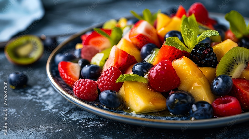 Delicious Assortment of Fresh Fruits with Mint on a Blue Textured Surface