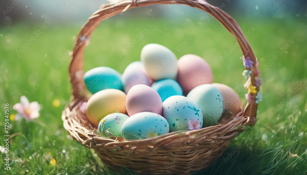 Horizontal photo of an egg in a basket for Easter. Generative AI.