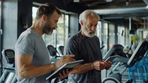 Personal trainer assisting mature man with digital tablet during gym workout, fostering progress.