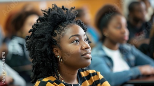 Engaged black university student actively participating in a lecture, contributing to the discussion. © Postproduction