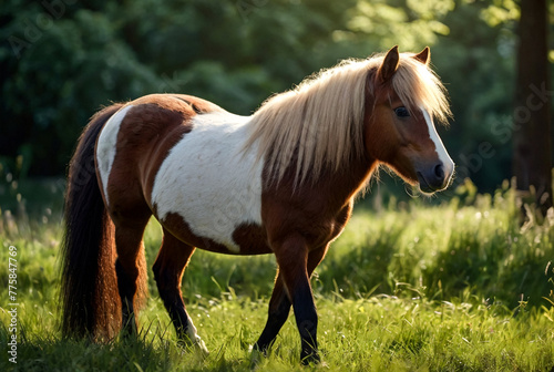 Pony Grazing Peacefully in Forest Clearing  summer daytime. Small horse pony with lush mane eats grass in serene forest setting  outdoors. Pet horse animals concept. Copy ad text space