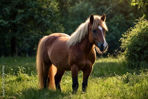 Pony Grazing Peacefully in Forest Clearing, summer daytime. Small horse pony with lush mane eats grass in serene forest setting, outdoors. Pet horse animals concept. Copy ad text space photo