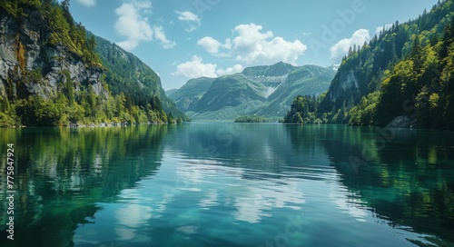 Tranquil Lake Amidst Lush Green Mountainscape Under Partly Cloudy Sky.