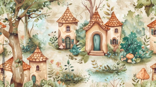 Whimsical watercolor seamless pattern featuring elven houses, inviting exploration of enchanted land.