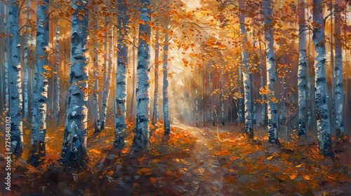 Autumn birch forest oil painting at sunset, showcasing warm hues and dappled light.