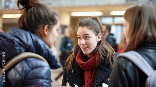 University students exchanging ideas after an engaging lecture.