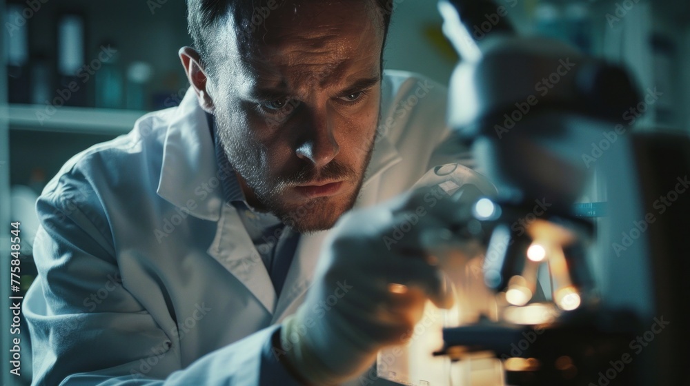 Focused scientist conducting research, peering through microscope in laboratory. Focused scientist conducting research, peering through microscope in laboratory.