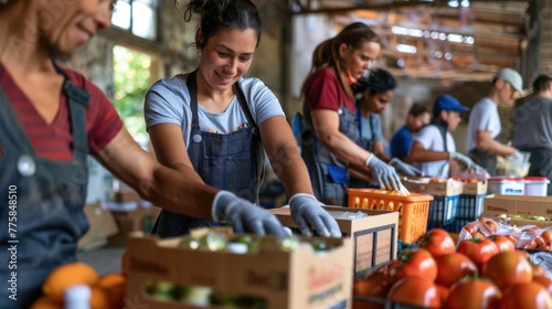 Diverse volunteers organizing and distributing groceries at a community food bank.