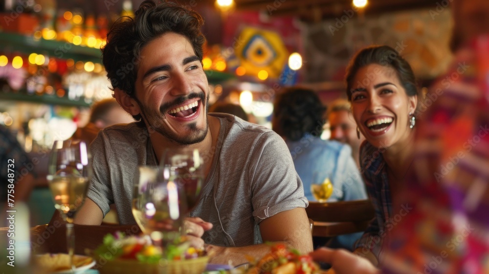 Young man enjoying a meal with friends at a lively Mexican restaurant, showcasing good times and laughter.