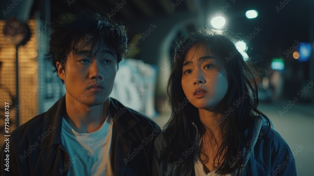 Asian couple struggling with emotions during breakup, expressing anger and sadness. Asian couple struggling with emotions during breakup, expressing anger and sadness.