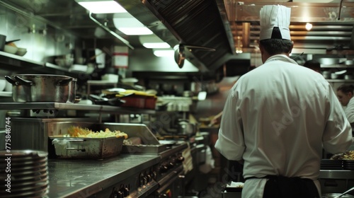 Exhausted chef working tirelessly in a busy restaurant kitchen.
