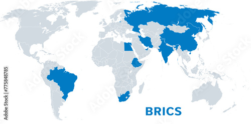 BRICS, with new member states as of 2024, political map. BRICS for Brazil, Russia, India, China and South Africa. Now known as BRICS plus with emerging market countries Egypt, Ethiopia, Iran, and UAE.