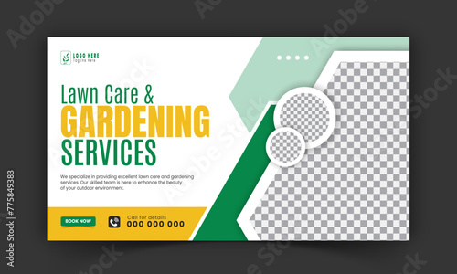 Organic food and agriculture service YouTube video thumbnail design, modern lawn mower garden, or landscaping service social media cover or post template with abstract green and yellow color shapes