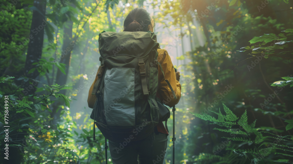 A serene image of a solo traveller with a backpack, trekking in a forest bathed in sunlight streaming through the trees