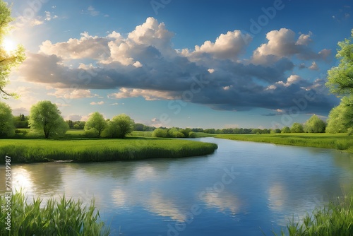 Spring  river  beautiful blue sky