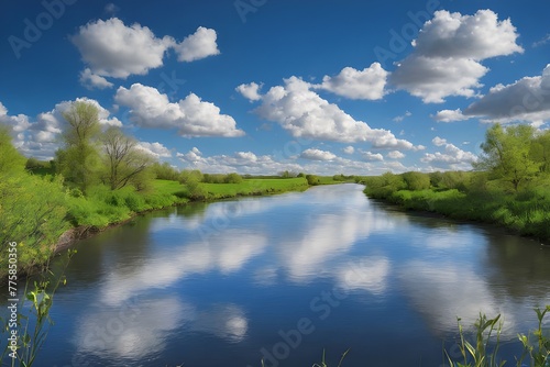 Spring, river, beautiful blue sky