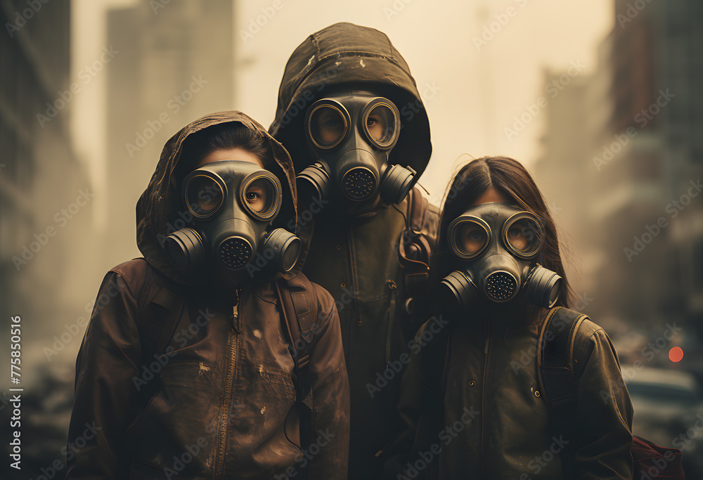 Portrait of family wearing respiratory gas masks. Post apocalyptic scene, city in ruins background - obrazy, fototapety, plakaty 