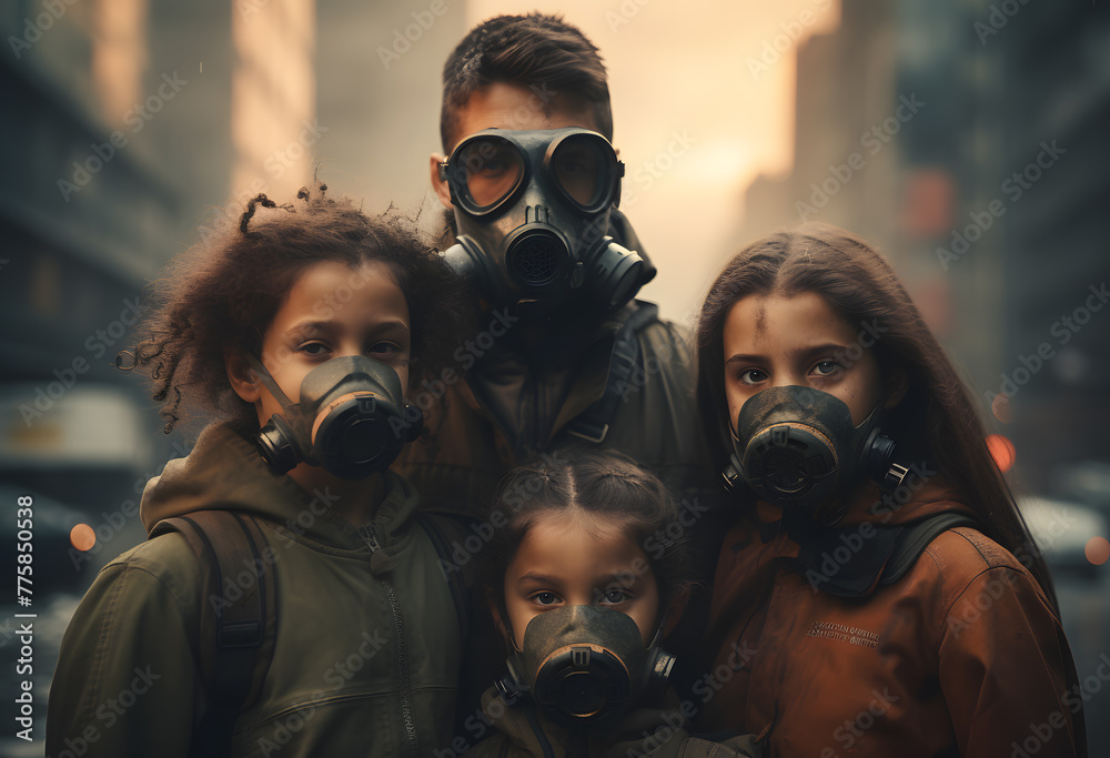Portrait of family wearing respiratory gas masks. Post apocalyptic ...