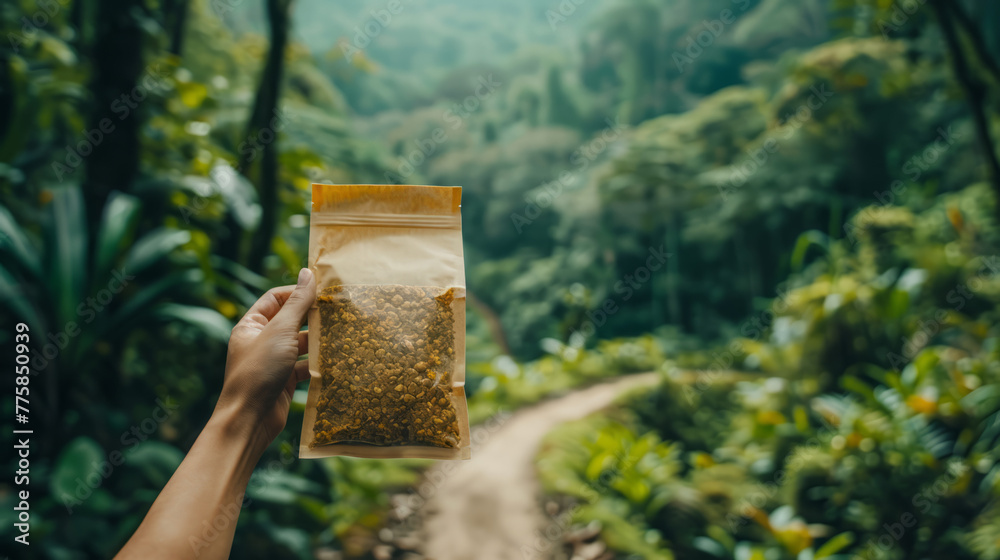 A focused shot of a hand gripping a granola packet with a lush jungle trail in the background A focused shot of a hand gripping a granola packet with a lush jungle trail in the background