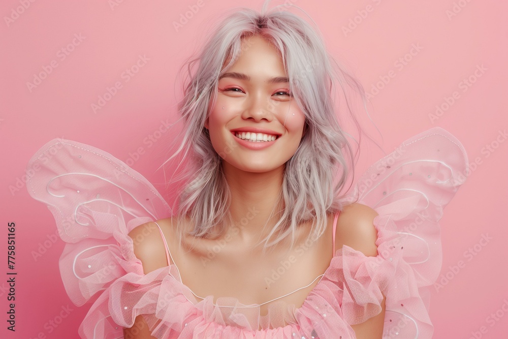 Radiant Young Pacific Islander Woman with a Joyful Smile in a fairy costume pink background Radiant Young Pacific Islander Woman with a Joyful Smile in a fairy costume pink background